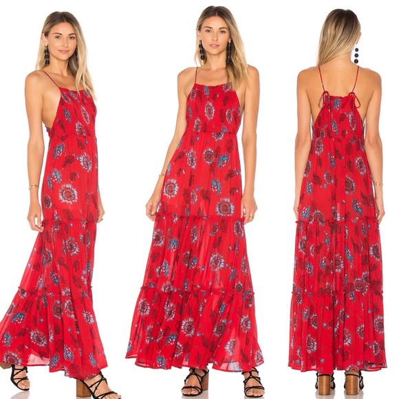 Free People Dresses & Skirts - Free People Smocked Floral Maxi Dress Red Square Neck Size XS Garden Party Femme